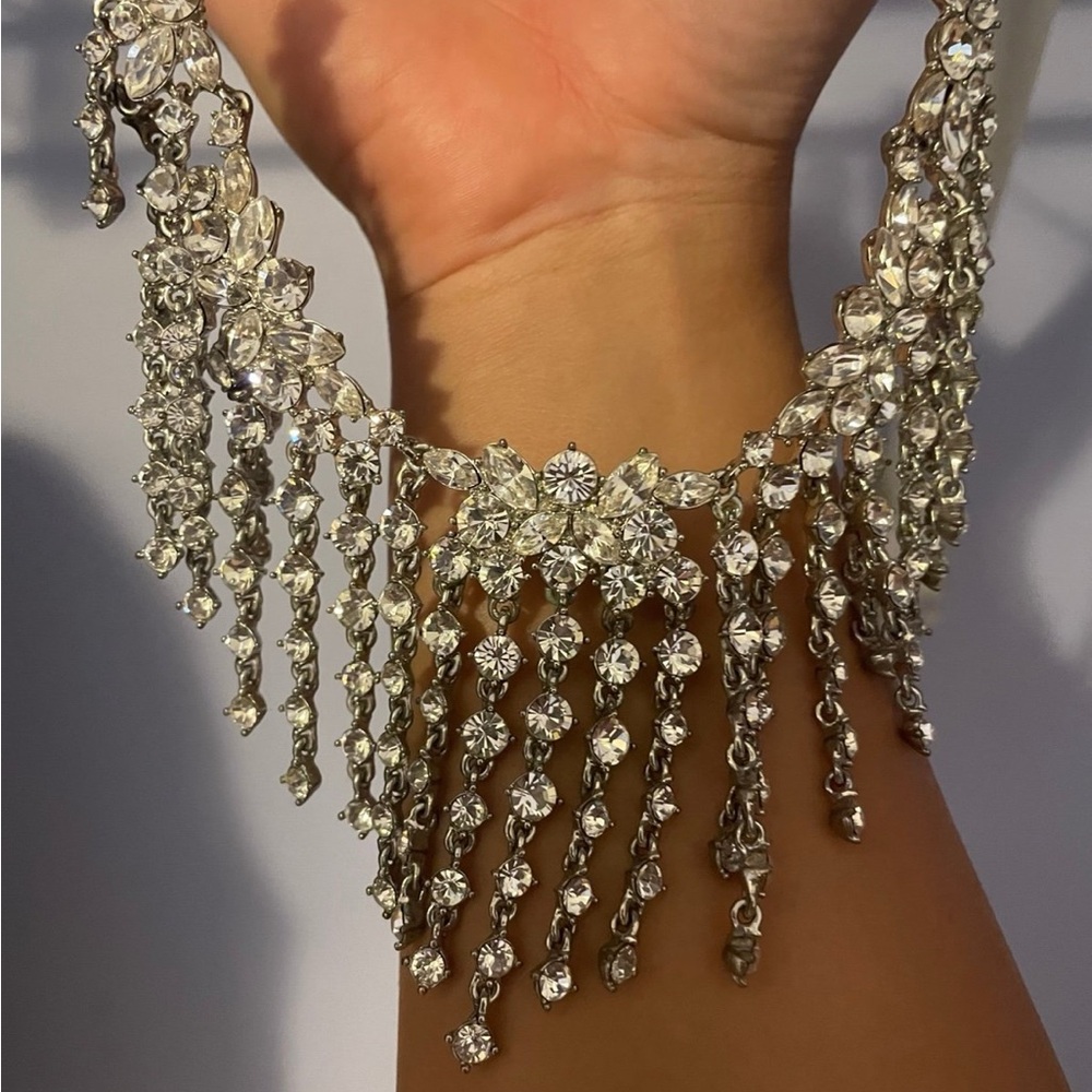 Givenchy Prom Wedding Crystal dangle Necklace Fringe Statement Necklace - Silver